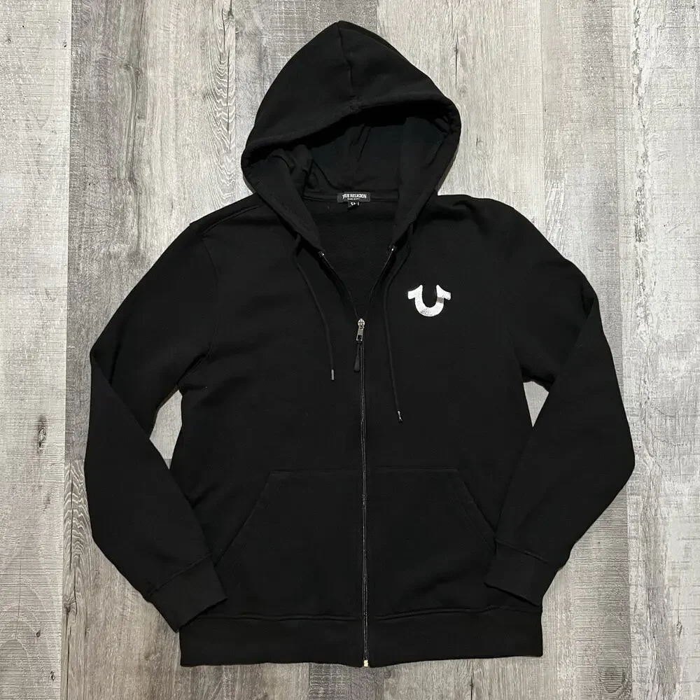 True Religion Metallic City Buddha Zip Up Hoodie Medium Black Womens Sz L
